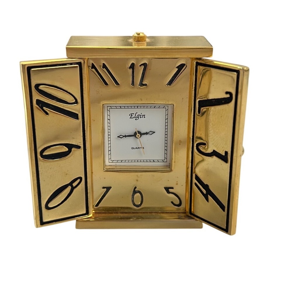 Elgin Quartz Miniature Desk Clock Gold Tone Wardrobe Armoire Style Swinging Door